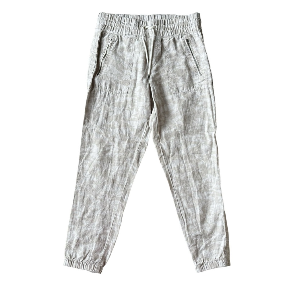 Athleta Cabo Linen Joggers, neutral camo print, summer pants, size 6, 100% linen